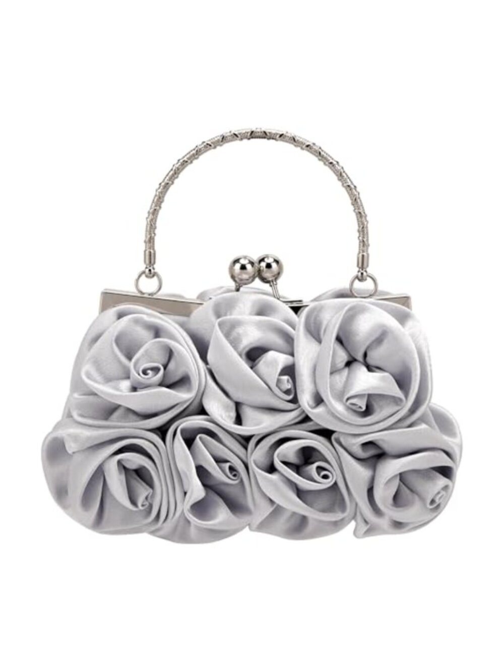 Satin Floral Clutch Evening Bag with Metal Top Handle & Chain Strap